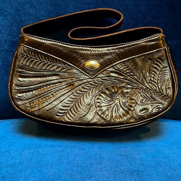 AMERICAN WEST Hand Tooled Brown Leather Shoulder Bag Purse - Picture 1 of 12